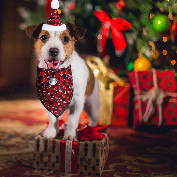 Christmas Snowflake Dog Bandana Costume Set - Classic Plaid Scarf with Hat and Bow Tie, Featuring Bell Decoration for Pets