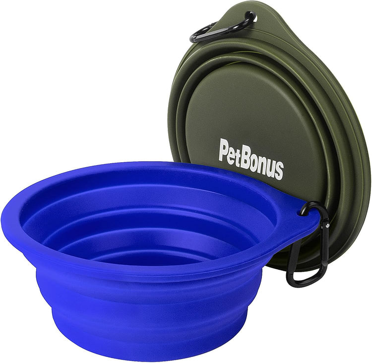 2-Pack BPA-Free Silicone Collapsible Dog Bowls, Dishwasher Safe, Portable Foldable Travel Feeding Cups for Dogs and Cats with 2 Carabiners (Army Green, Blue)