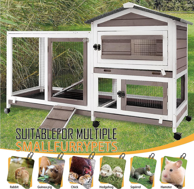 2-Story Rabbit Hutch Wooden Bunny Cage with Run & Pull-Out Trays