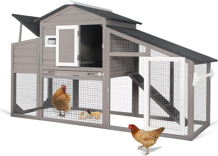 Wooden Chicken Coop with Wheels and Run, 2 Nesting Boxes, Gray