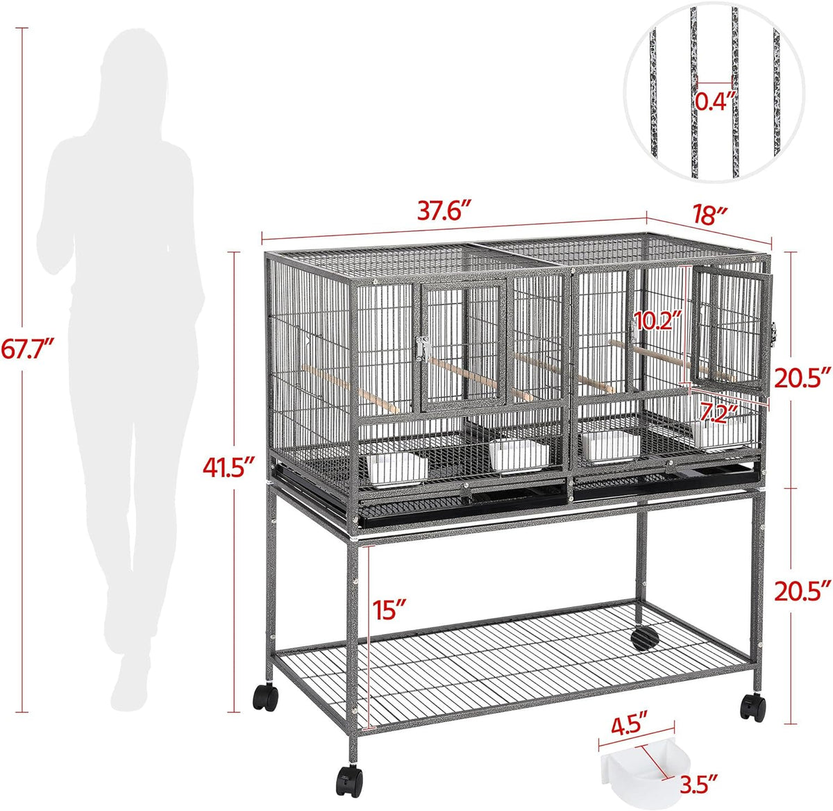 41.5" Stackable Divided Breeder Cage for Parakeets, Canaries, Cockatiels, Lovebirds, Finches, Budgies, and Small Parrots with Rolling Stand, Black