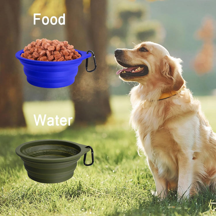 2-Pack BPA-Free Silicone Collapsible Dog Bowls, Dishwasher Safe, Portable Foldable Travel Feeding Cups for Dogs and Cats with 2 Carabiners (Army Green, Blue)