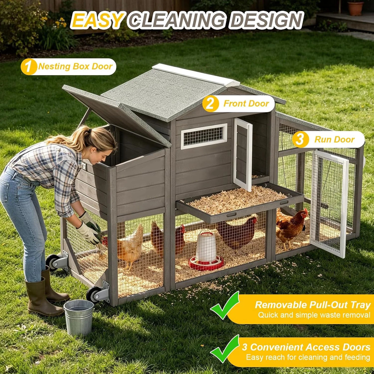Wooden Chicken Coop with Wheels and Run, 2 Nesting Boxes, Gray