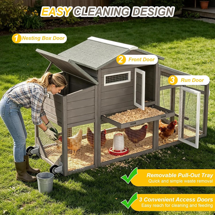 Wooden Chicken Coop with Wheels and Run, 2 Nesting Boxes, Gray