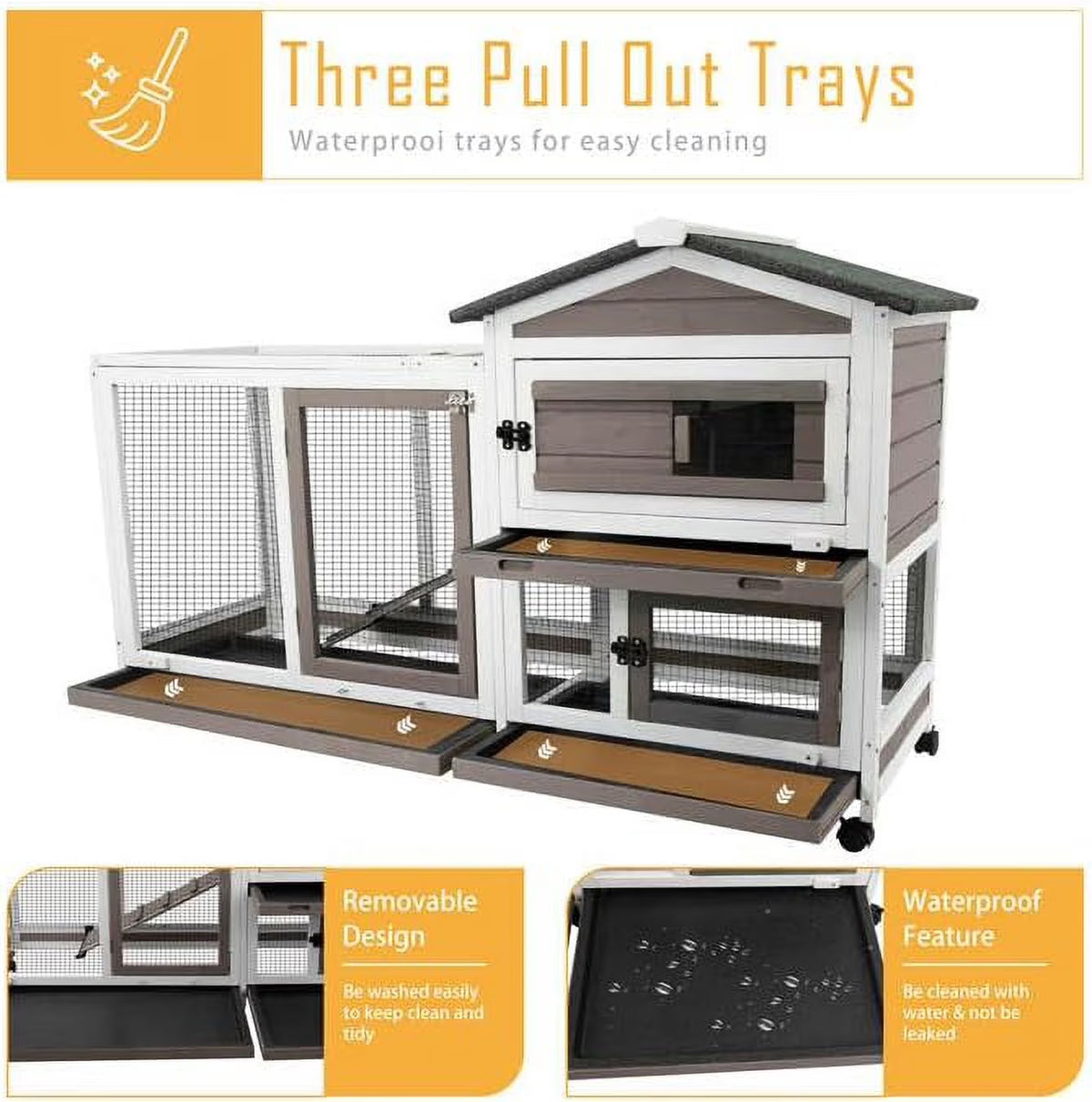 2-Story Rabbit Hutch Wooden Bunny Cage with Run & Pull-Out Trays