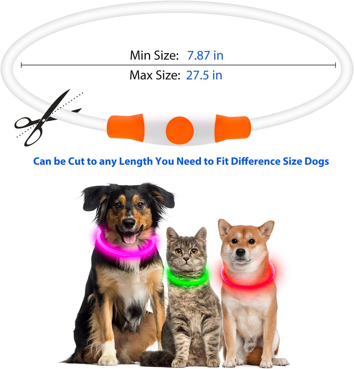 USB Rechargeable LED Dog Collar - Orange Glow Lighted Collar