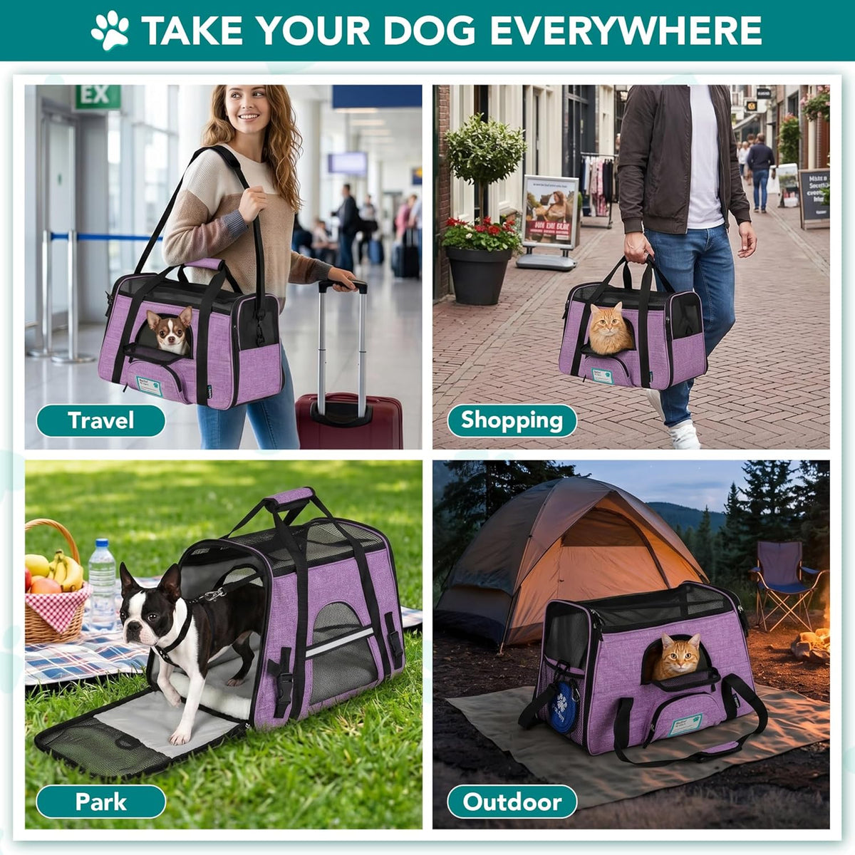 Airline-Approved Carrier for Cats and Small Dogs, Large Heather Purple