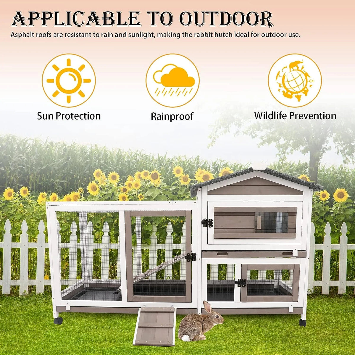 2-Story Rabbit Hutch Wooden Bunny Cage with Run & Pull-Out Trays
