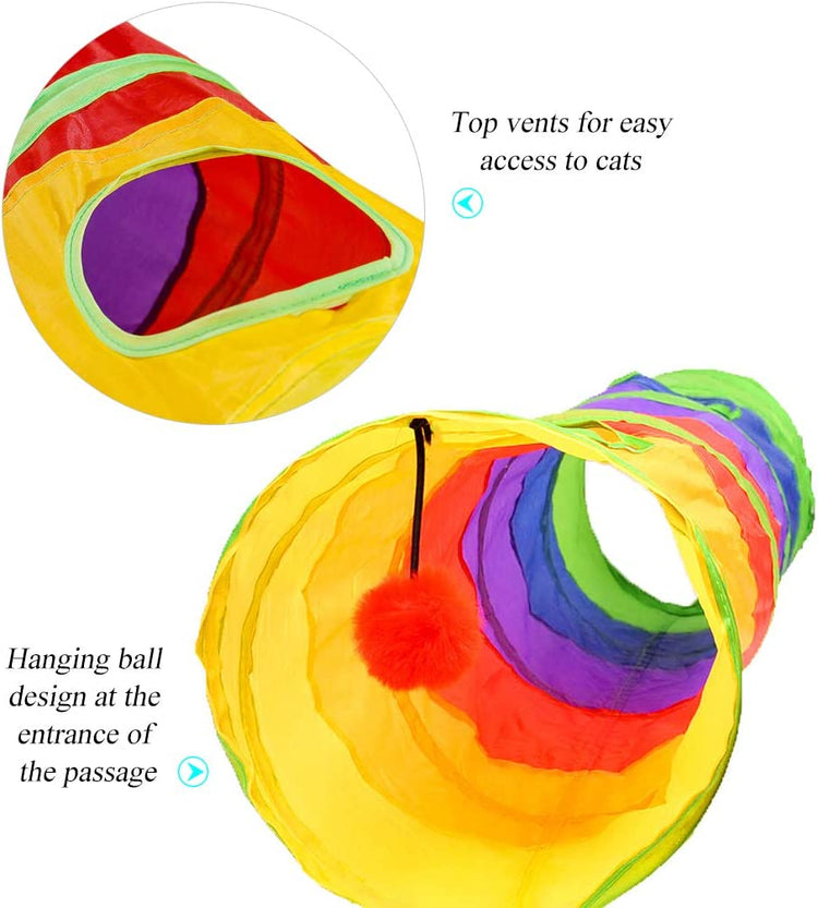 45" Rainbow Collapsible Cat Tunnel with Fun Ball and Dual Access Holes for Indoor Kittens - Ideal for Exercise, Hiding, and Play