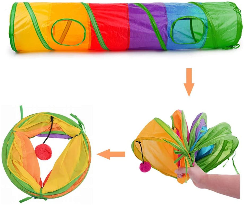 45" Rainbow Collapsible Cat Tunnel with Fun Ball and Dual Access Holes for Indoor Kittens - Ideal for Exercise, Hiding, and Play