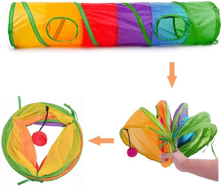 45" Rainbow Collapsible Cat Tunnel with Fun Ball and Dual Access Holes for Indoor Kittens - Ideal for Exercise, Hiding, and Play