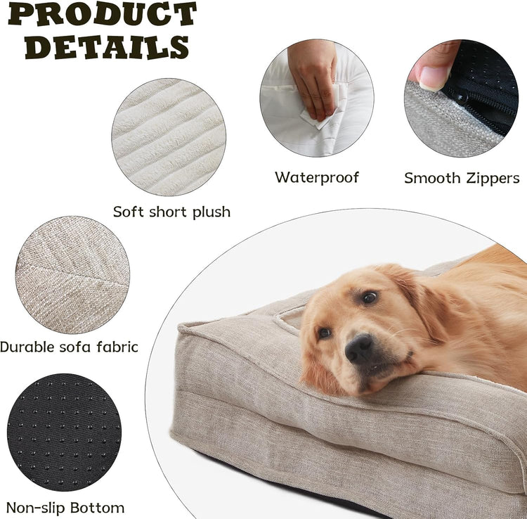 Orthopedic Waterproof Dog Bed for Small Breeds, Egg Foam Sofa Design with L-Shaped Bolsters, Washable Removable Cover, Non-Slip Base, 30 x 20 Inches, Beige