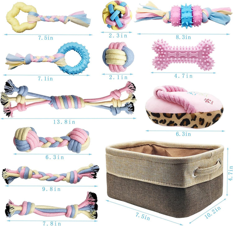 Interactive Teething Chew Toys for Puppies - Small Dog Rope Balls and Tug Toys with Storage Basket