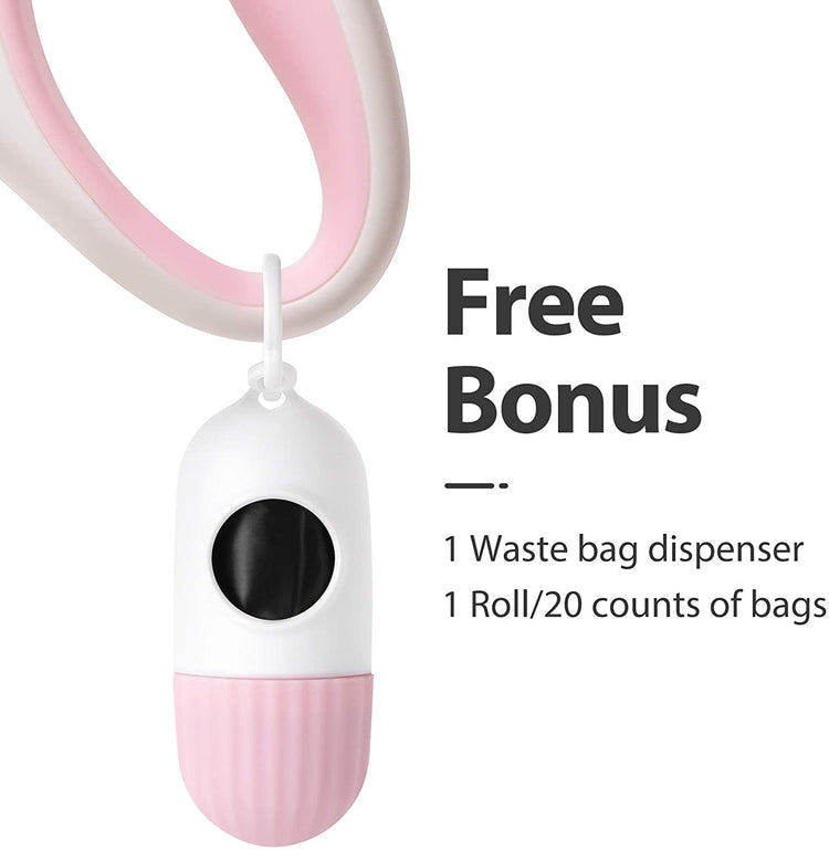 10ft Retractable Dog Leash with Integrated Dispenser and Waste Bags in White and Pink