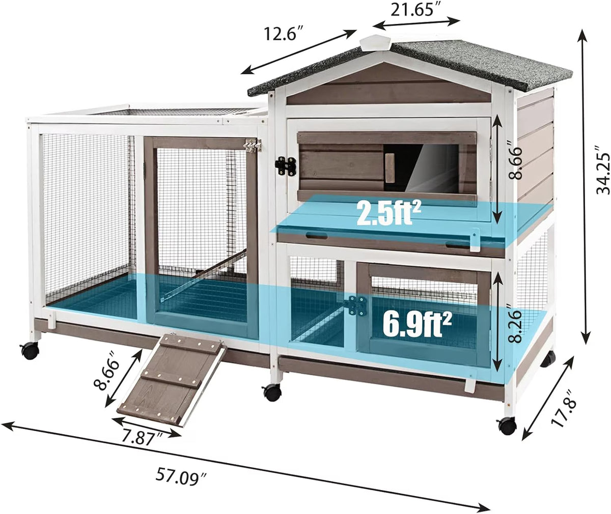 2-Story Rabbit Hutch Wooden Bunny Cage with Run & Pull-Out Trays