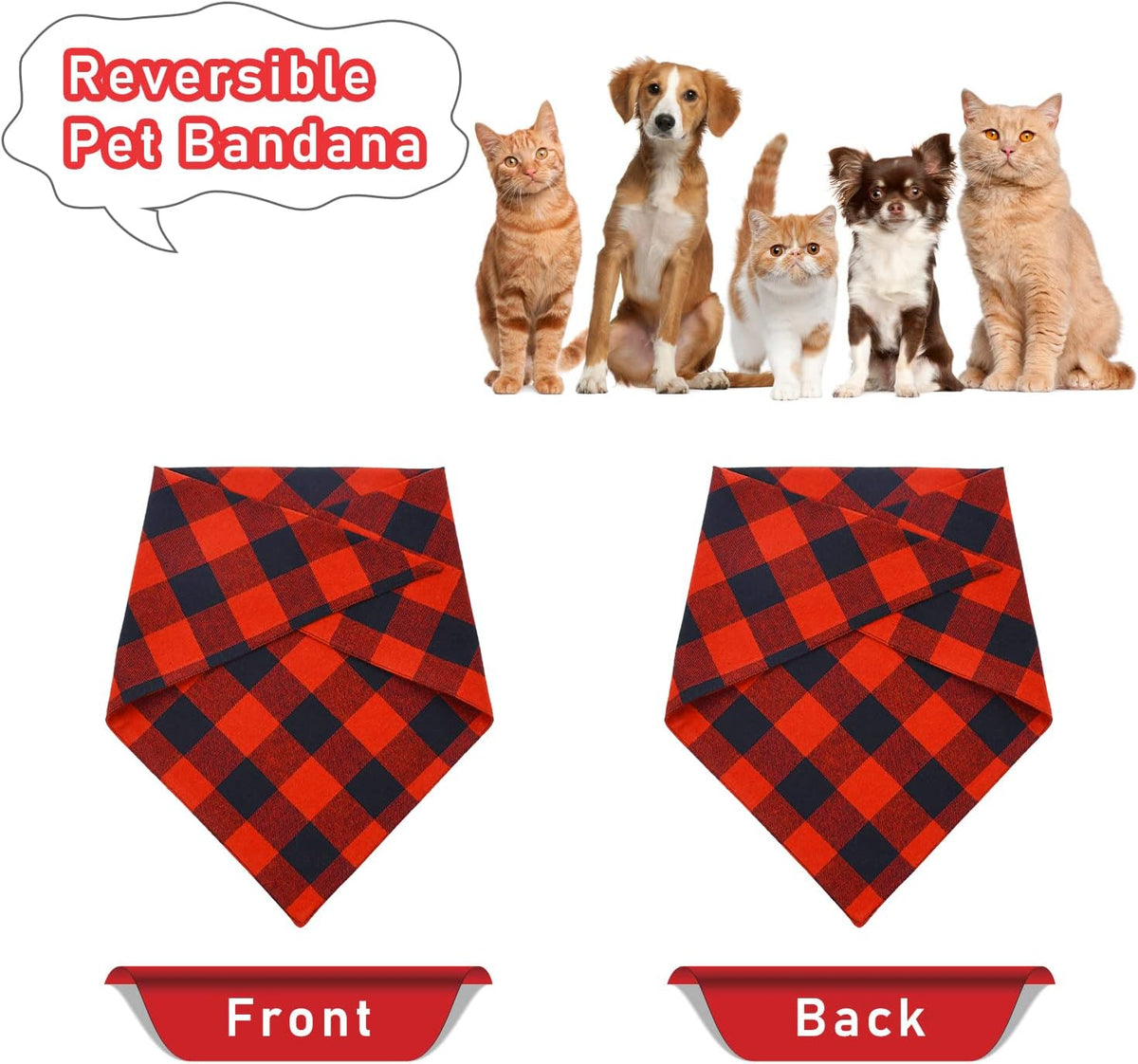 Set of 2 Dog Bandanas - Christmas Classic Red Buffalo Plaid Triangle Bibs for Small to Large Pets
