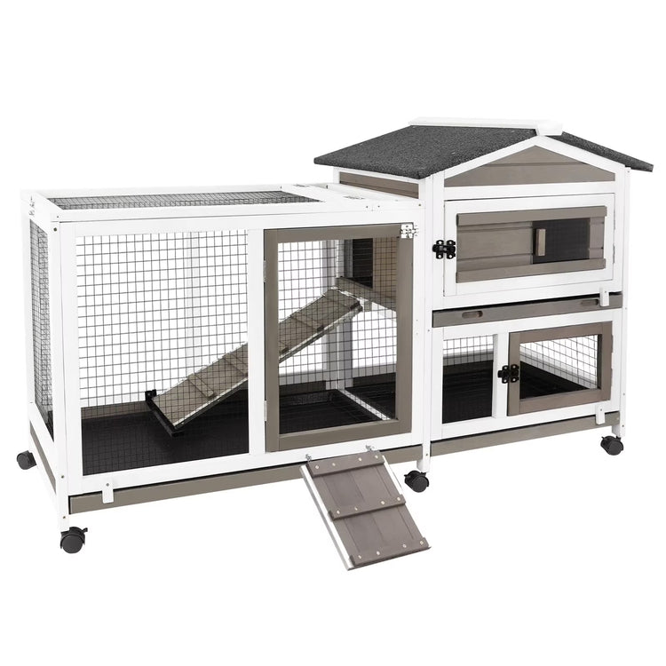 2-Story Rabbit Hutch Wooden Bunny Cage with Run & Pull-Out Trays