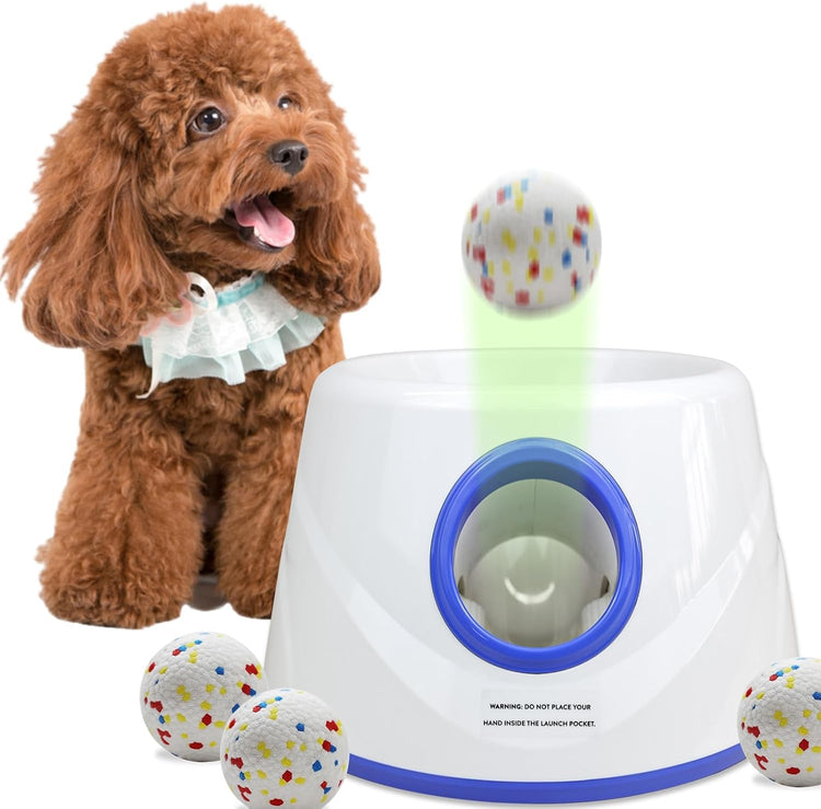 Automatic Dog Ball Launcher with Adjustable Range of 20-45FT, Interactive Fetch Toy for Small and Medium Dogs, Includes Three 2.3-Inch ETPU Balls for Indoor and Outdoor Use