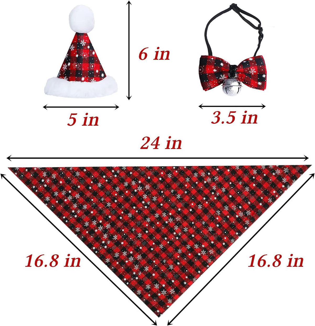Christmas Snowflake Dog Bandana Costume Set - Classic Plaid Scarf with Hat and Bow Tie, Featuring Bell Decoration for Pets