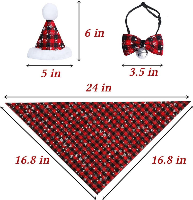 Christmas Snowflake Dog Bandana Costume Set - Classic Plaid Scarf with Hat and Bow Tie, Featuring Bell Decoration for Pets