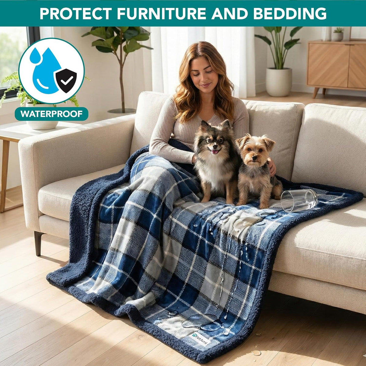 Waterproof Blanket for Small Dogs and Cats, 29" x 40", Light Grey Plaid