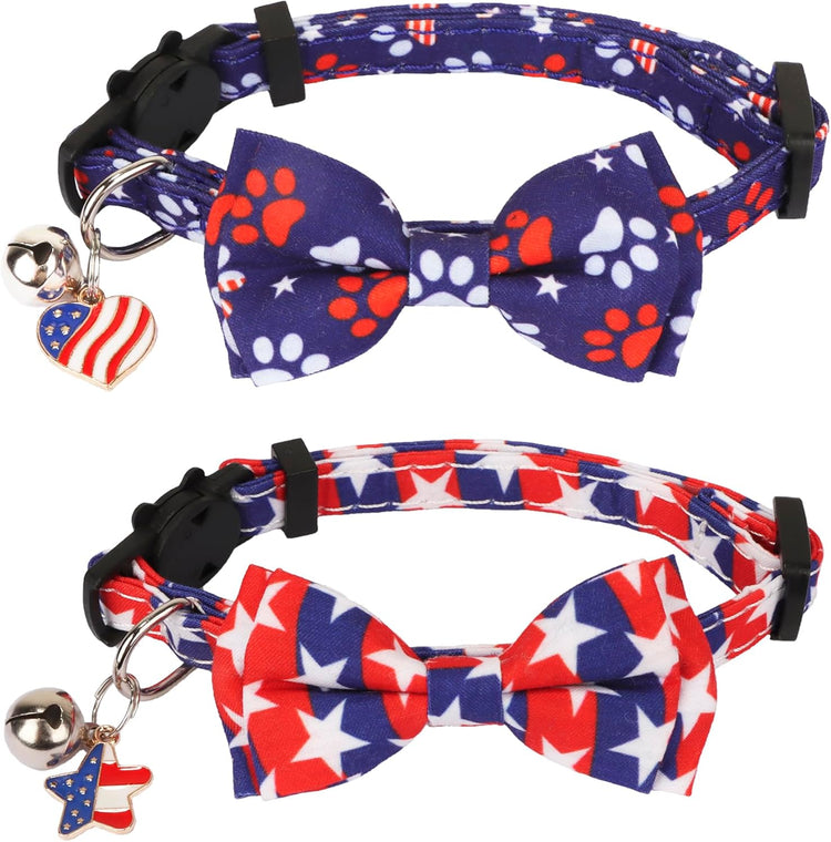 American Flag Breakaway Cat Collars with Bow Tie and Bell - 2 Pack 4th of July Kitten Collars in Red and Blue