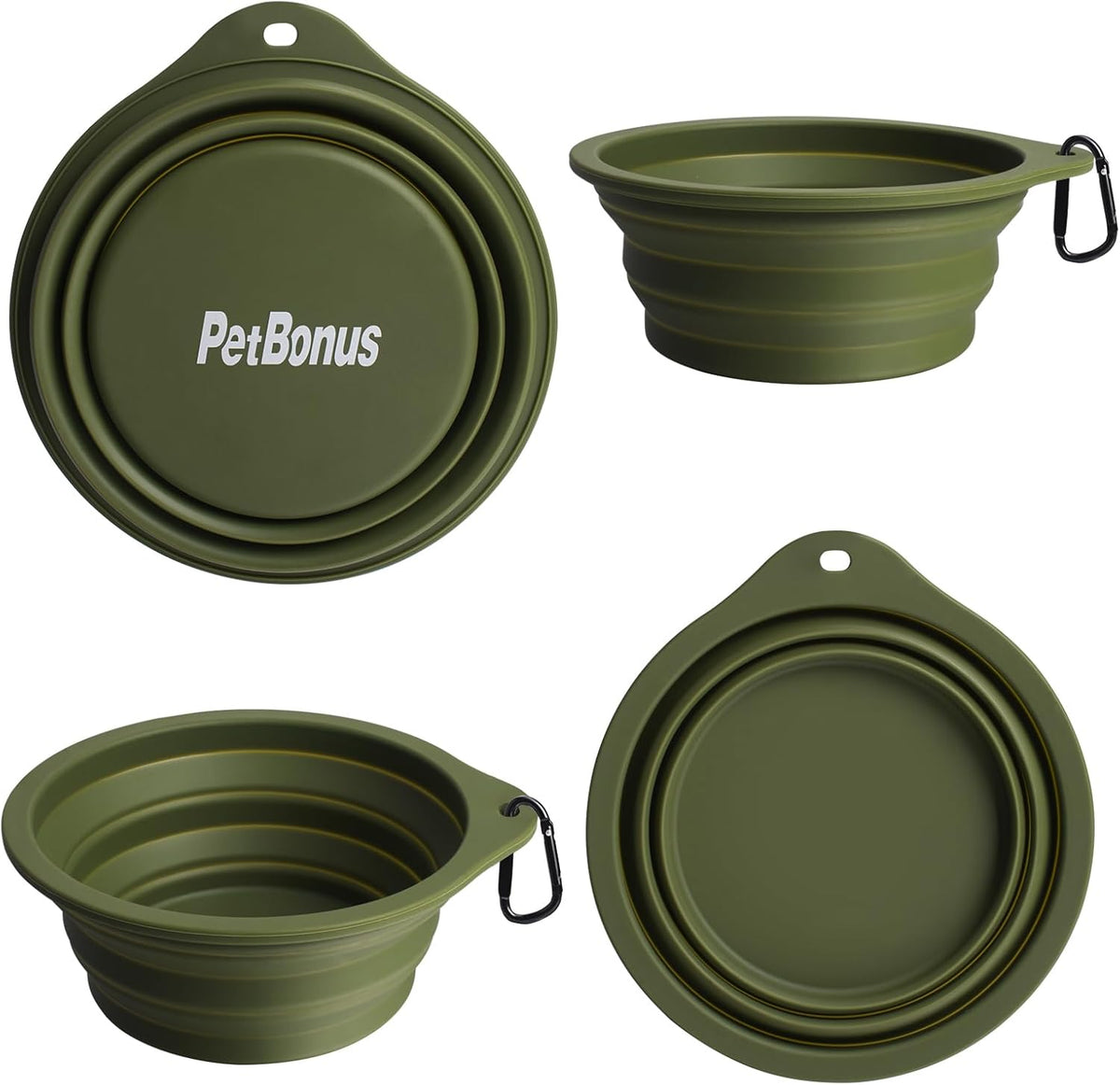 2-Pack BPA-Free Silicone Collapsible Dog Bowls, Dishwasher Safe, Portable Foldable Travel Feeding Cups for Dogs and Cats with 2 Carabiners (Army Green, Blue)