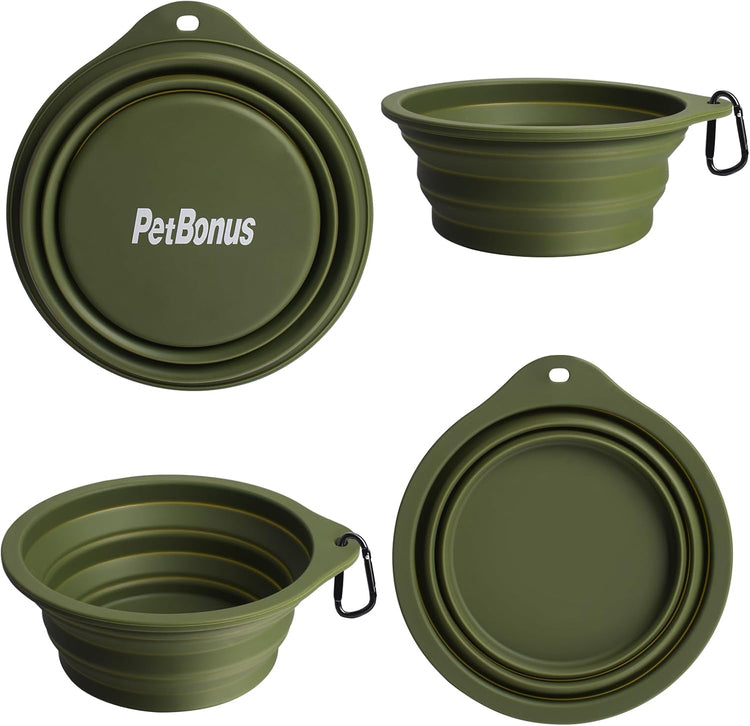 2-Pack BPA-Free Silicone Collapsible Dog Bowls, Dishwasher Safe, Portable Foldable Travel Feeding Cups for Dogs and Cats with 2 Carabiners (Army Green, Blue)