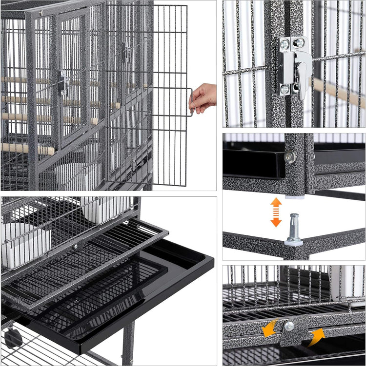 41.5" Stackable Divided Breeder Cage for Parakeets, Canaries, Cockatiels, Lovebirds, Finches, Budgies, and Small Parrots with Rolling Stand, Black