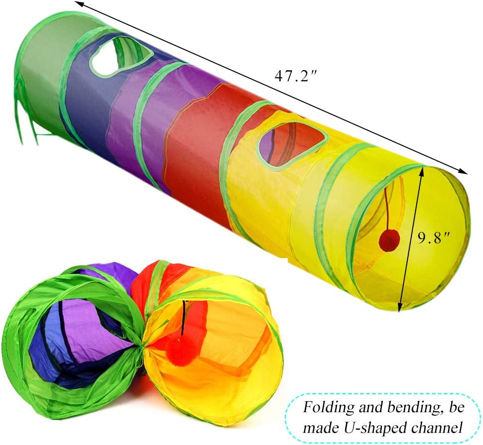 45" Rainbow Collapsible Cat Tunnel with Fun Ball and Dual Access Holes for Indoor Kittens - Ideal for Exercise, Hiding, and Play