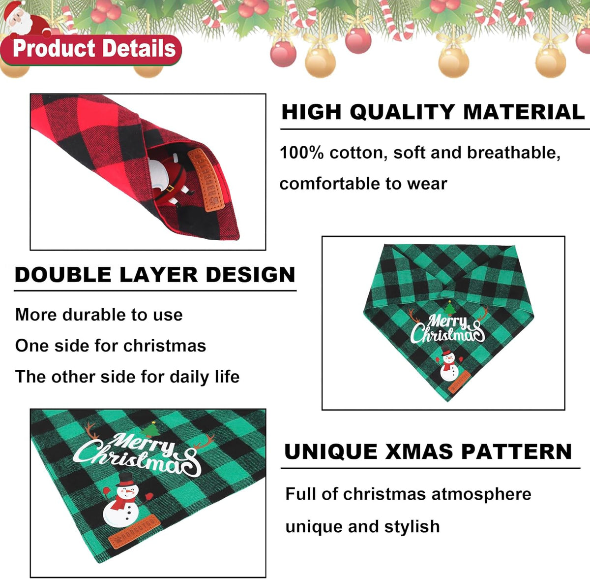 Set of 2 Christmas Plaid Dog Bandanas - Triangle Bibs with Santa and Snowman Designs for Medium to Large Pets