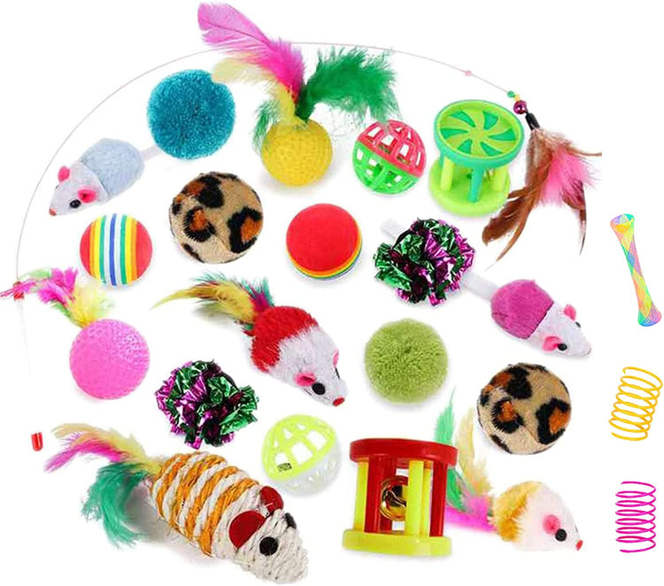 32-Piece Interactive Cat Toy Set with Foldable Rainbow Tunnel, Teaser Wand, Fluffy Mouse, Crinkle Balls, and Bell for Puppies and Kittens (3-Way)