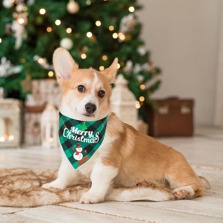 Set of 2 Christmas Plaid Dog Bandanas - Triangle Bibs with Santa and Snowman Designs for Medium to Large Pets