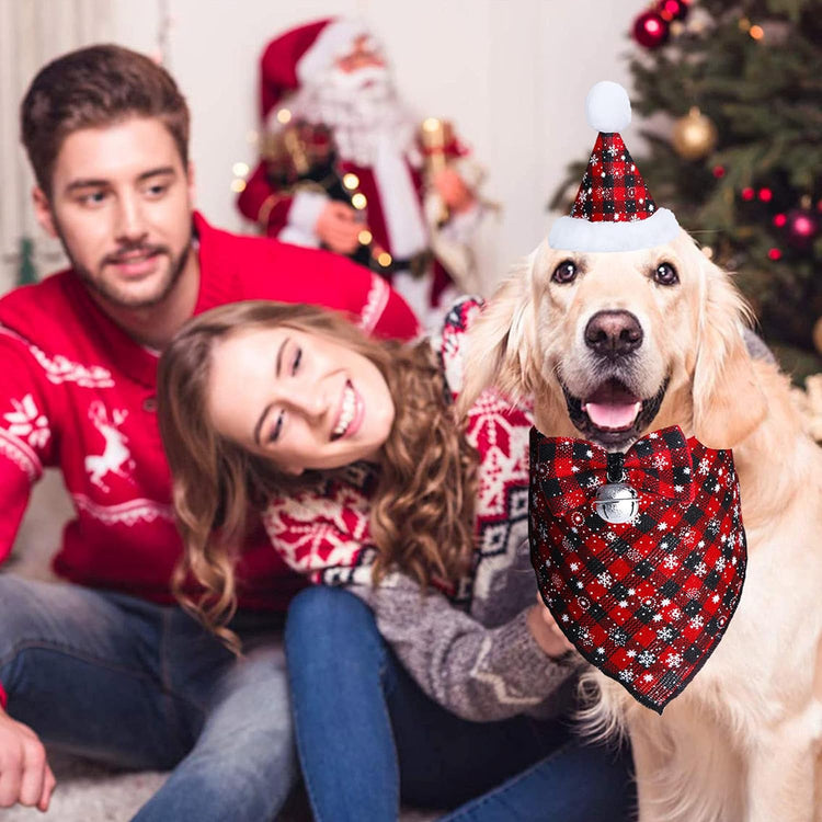 Christmas Snowflake Dog Bandana Costume Set - Classic Plaid Scarf with Hat and Bow Tie, Featuring Bell Decoration for Pets