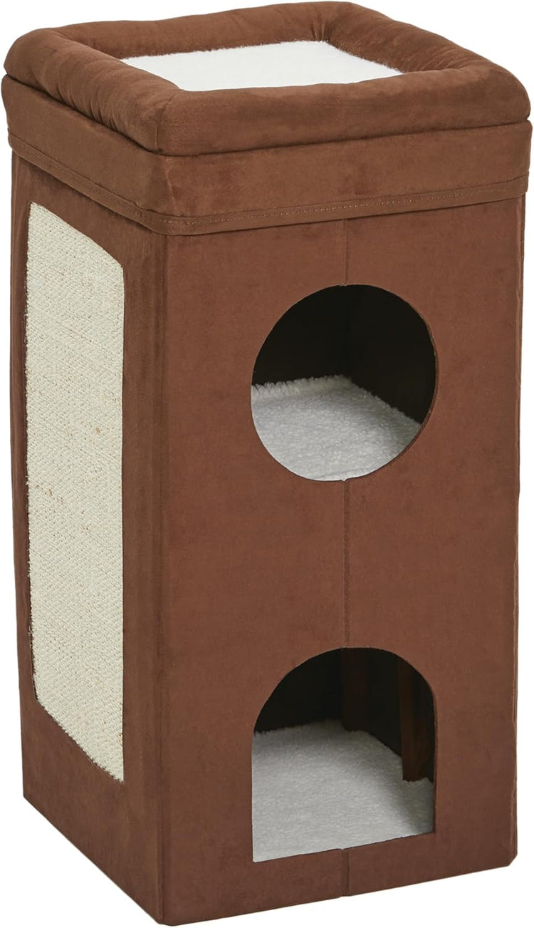Feline Nuvo Tri-Level Cat Condo with Faux Brown Suede, Hideaways, Top Bed, and Sisal Scratch Panel for Multiple Cats