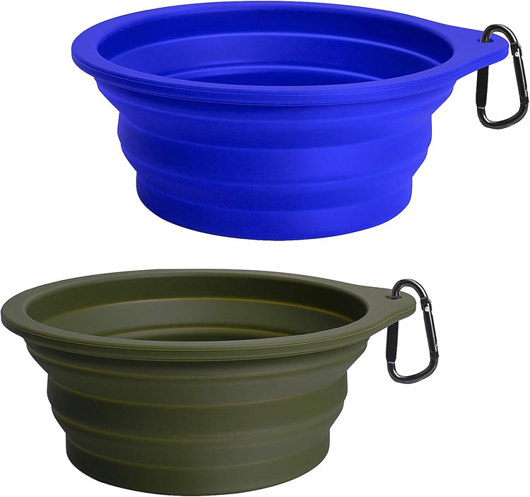 2-Pack BPA-Free Silicone Collapsible Dog Bowls, Dishwasher Safe, Portable Foldable Travel Feeding Cups for Dogs and Cats with 2 Carabiners (Army Green, Blue)
