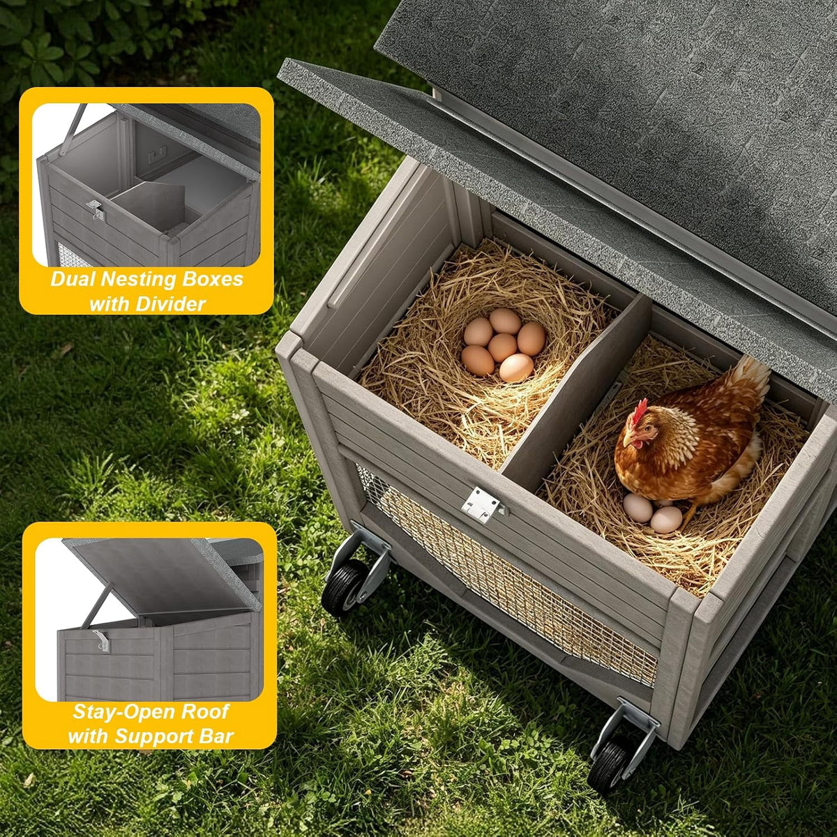 Wooden Chicken Coop with Wheels and Run, 2 Nesting Boxes, Gray