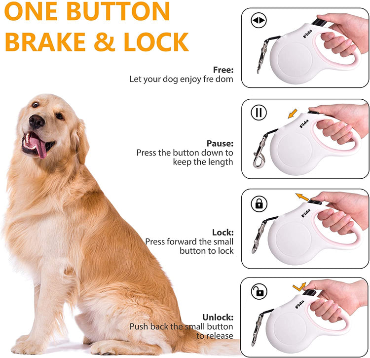 10ft Retractable Dog Leash with Integrated Dispenser and Waste Bags in White and Pink