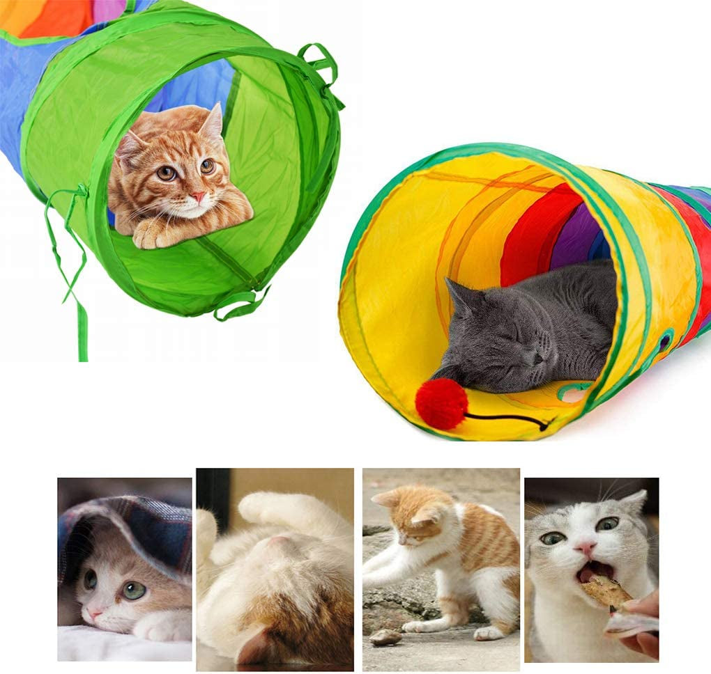45" Rainbow Collapsible Cat Tunnel with Fun Ball and Dual Access Holes for Indoor Kittens - Ideal for Exercise, Hiding, and Play