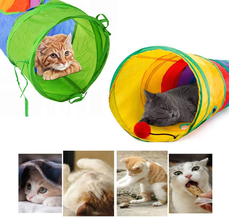 45" Rainbow Collapsible Cat Tunnel with Fun Ball and Dual Access Holes for Indoor Kittens - Ideal for Exercise, Hiding, and Play