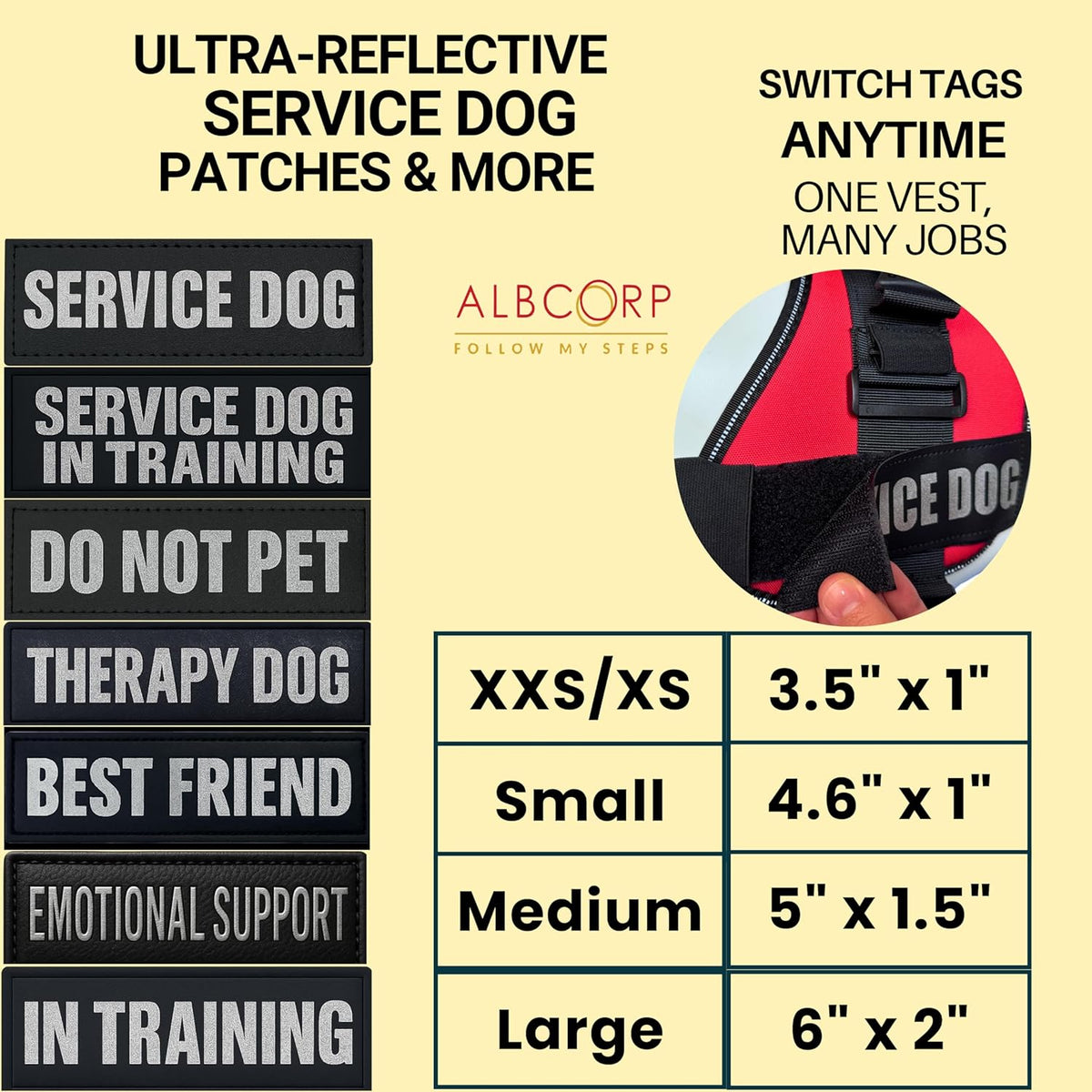 Reflective Service Dog Patches with Hook Backing for Service Animal Vests and Harnesses - Small (4.6 x 1 Inch)
