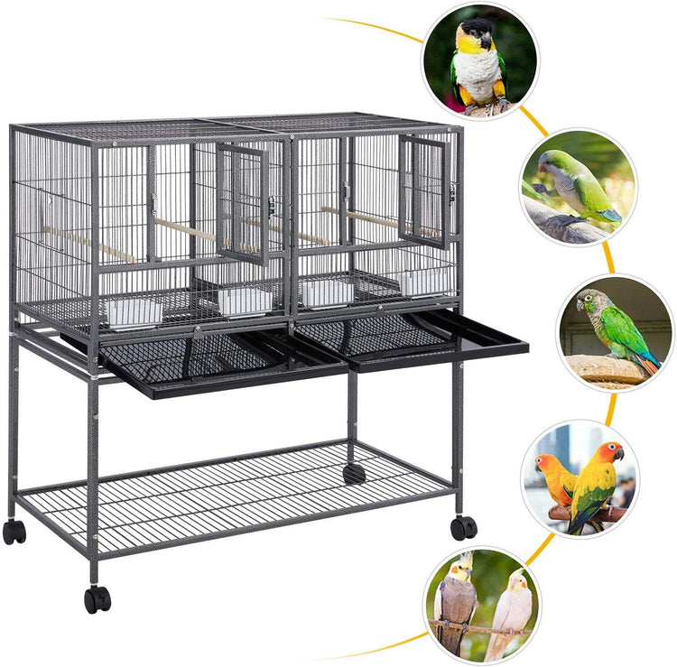 41.5" Stackable Divided Breeder Cage for Parakeets, Canaries, Cockatiels, Lovebirds, Finches, Budgies, and Small Parrots with Rolling Stand, Black