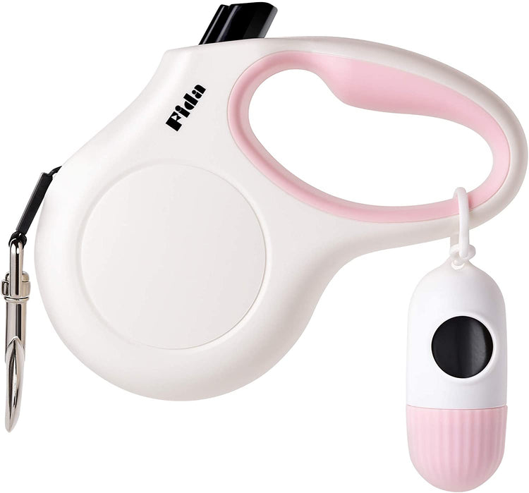 10ft Retractable Dog Leash with Integrated Dispenser and Waste Bags in White and Pink