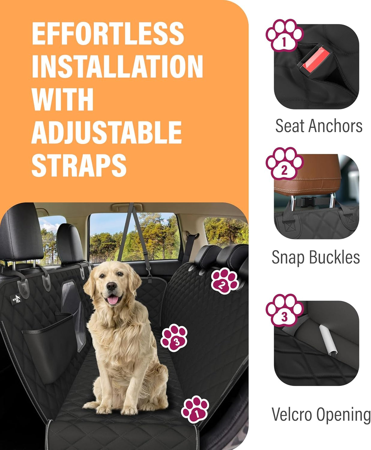 Premium Waterproof Dog Car Seat Cover for Back Seat - Protective Hammock for SUVs and Trucks with Safety Features, Black