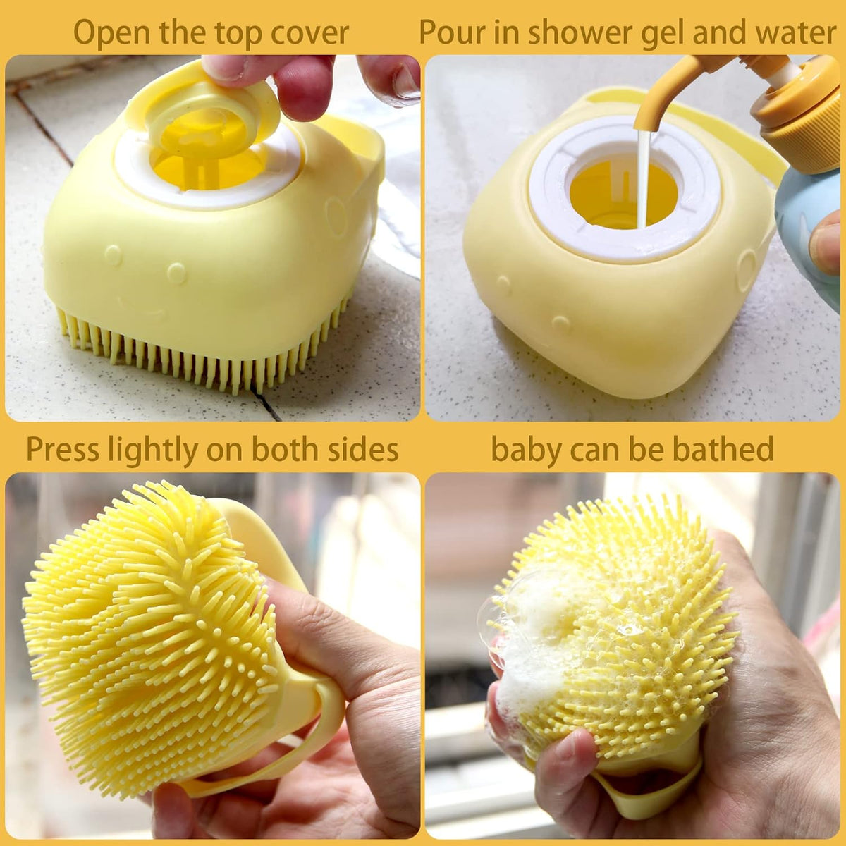 Professional Pet Bath Brush with Integrated Shampoo Dispenser - Yellow