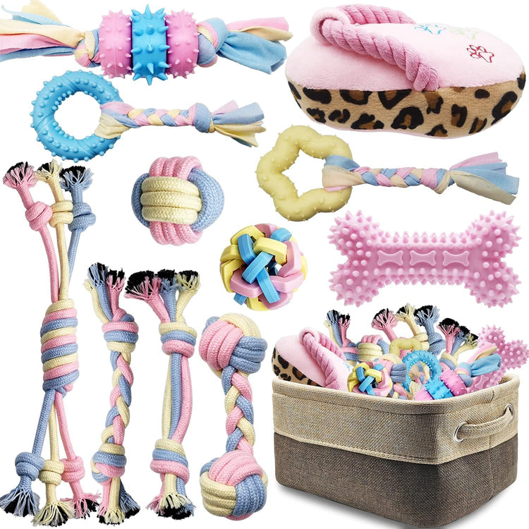 Interactive Teething Chew Toys for Puppies - Small Dog Rope Balls and Tug Toys with Storage Basket