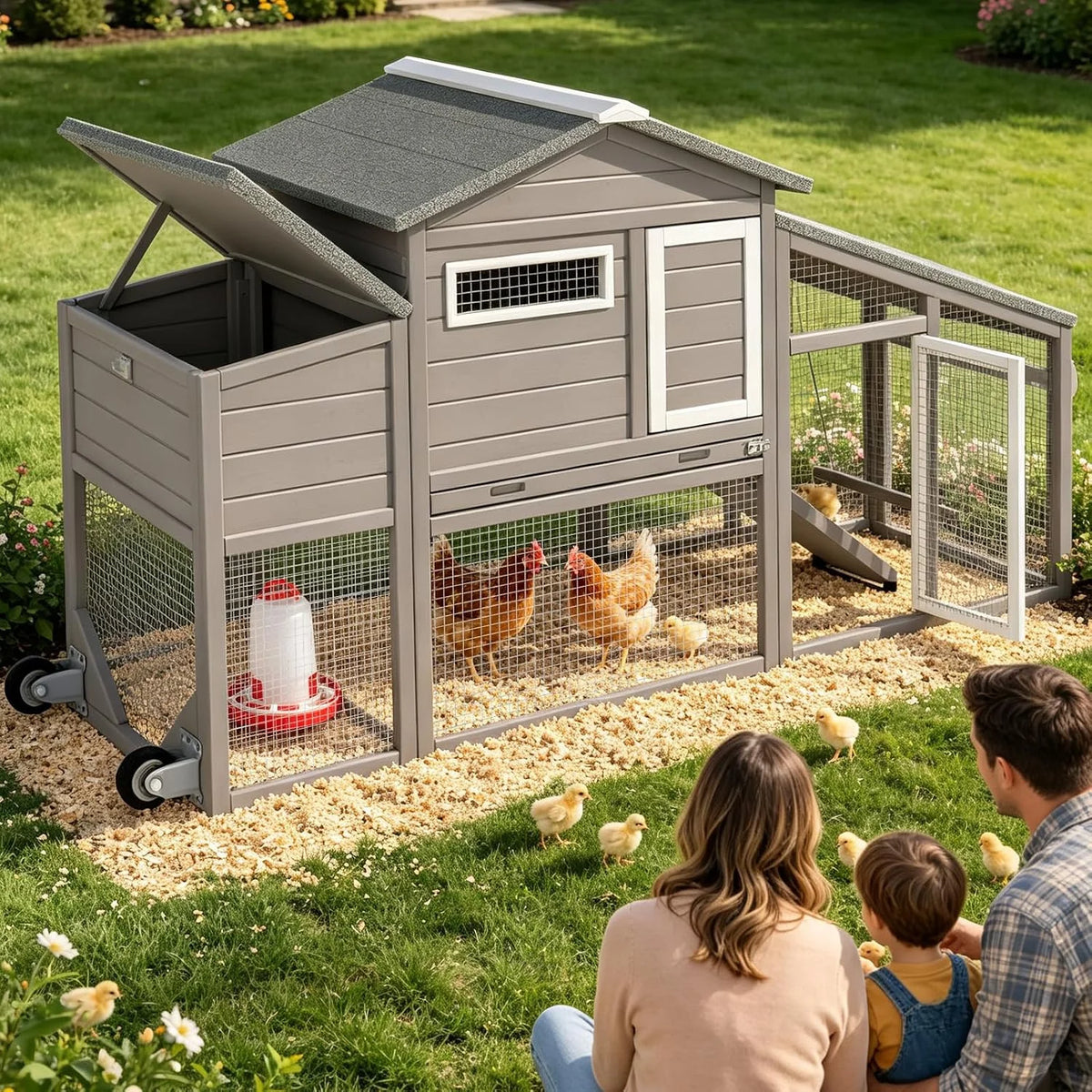 Wooden Chicken Coop with Wheels and Run, 2 Nesting Boxes, Gray