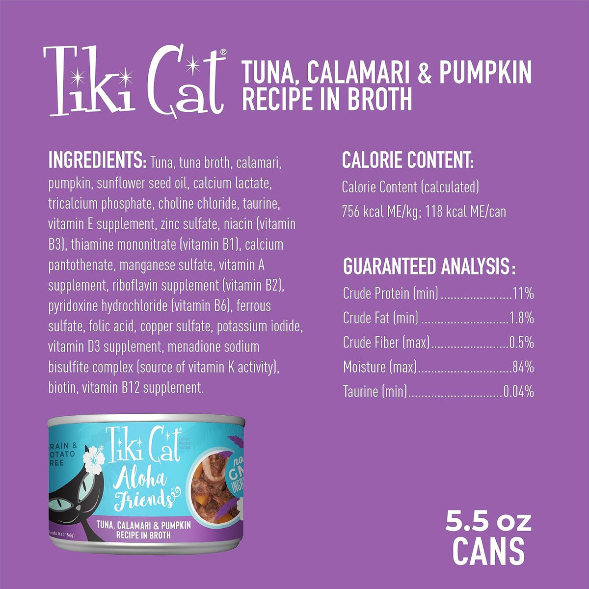 Tiki Cat Aloha Friends Gourmet Tuna, Calamari & Pumpkin Cat Food - 5.5 oz Can, Pack of 8