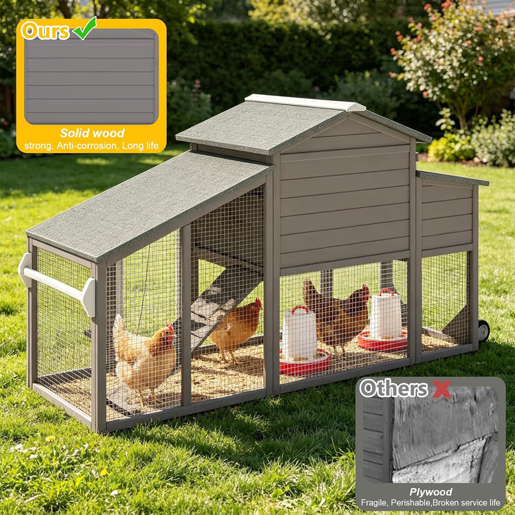 Wooden Chicken Coop with Wheels and Run, 2 Nesting Boxes, Gray
