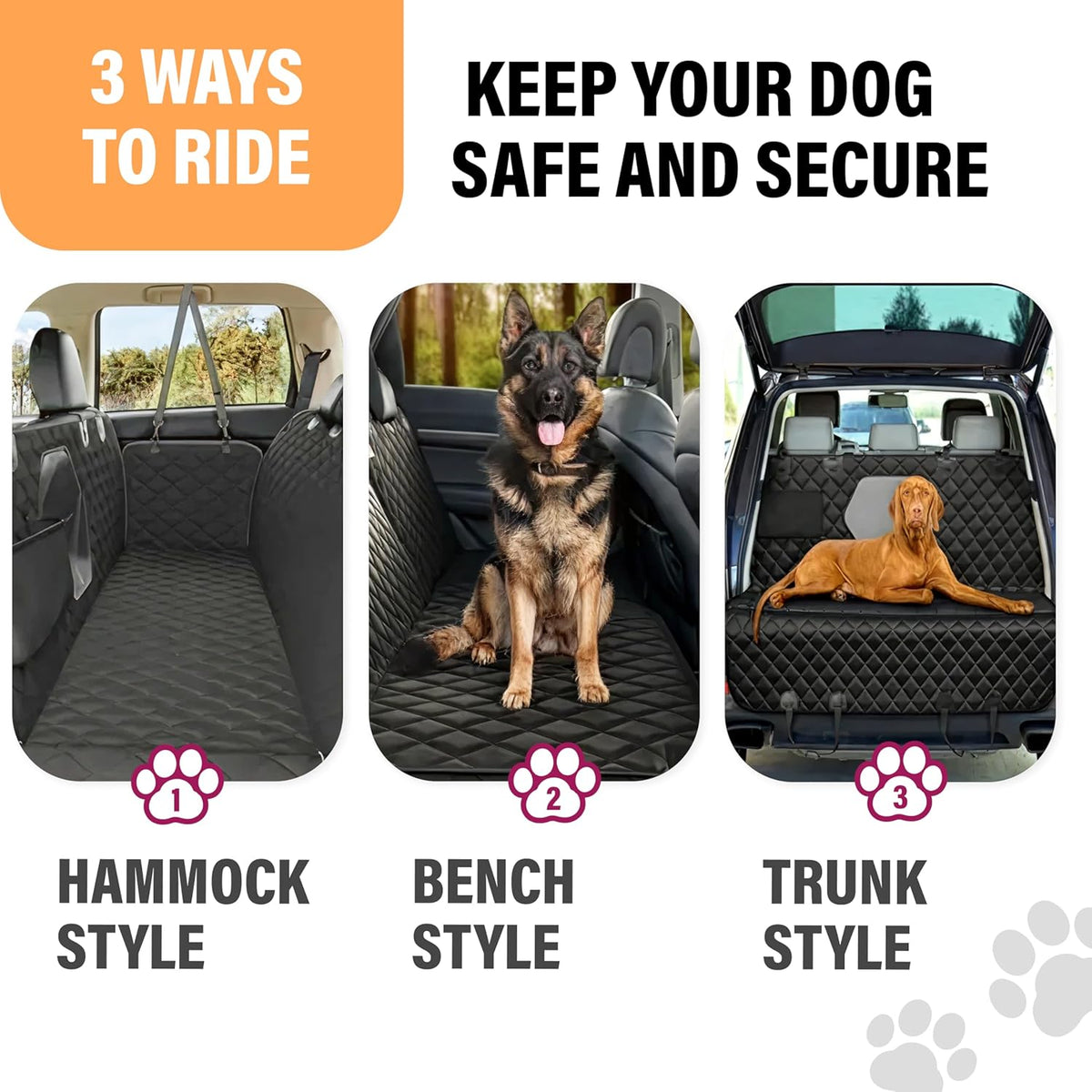 Premium Waterproof Dog Car Seat Cover for Back Seat - Protective Hammock for SUVs and Trucks with Safety Features, Black